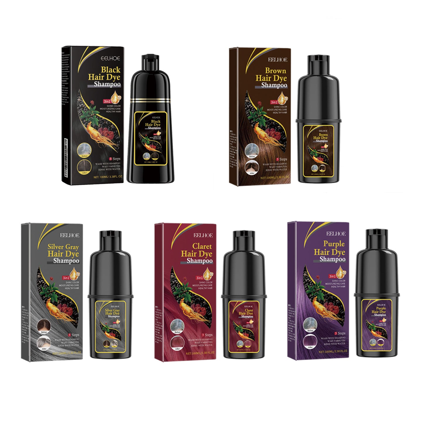 3 in 1 Black Hair Dye Shampoo - Herbal Ingredients Can cover gray hairs, Contains Ginseng Extract, Natural Haircoloring