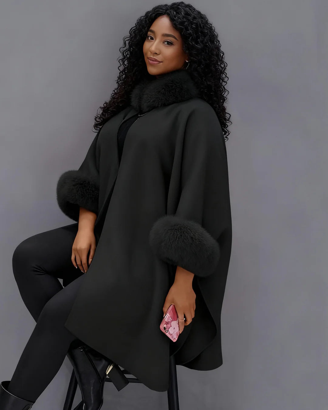 Autumn And Winter Large Rabbit Fur Collar Mid-length Woolen Coat Elegant Cape Shawl Hepburn Style Woolen Large Size Coat