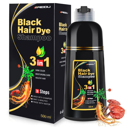 3 in 1 Black Hair Dye Shampoo - Herbal Ingredients Can cover gray hairs, Contains Ginseng Extract, Natural Haircoloring