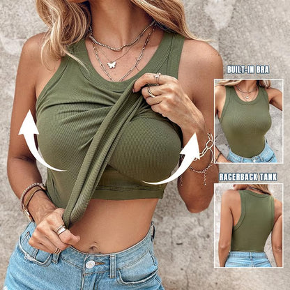 🍃Round Neck Built-in Bra Ribbed Tank Top Fit Casual Comfortable💥